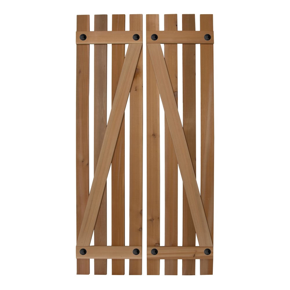 Design Craft Millworks 15-in W x 46-in H Natural western red cedar. Blonde, red and brown tones Paintable/Stainable Board and batten Z-bar Wood Exterior Shutters ( 2 -Pack )
