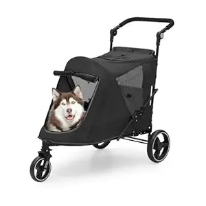 Athena Collection 3 Wheels Pet Stroller Fabric Dog Cart Dog Stroller for Large Dogs 55 Lbs Pet Stroller with Mesh Windows, Zipper Back Pocket, Safety Tether, Angle Adjustable Handlebar, Black
