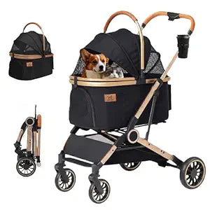 3-in-1 Pet Stroller for Medium Small Dogs and Cats, Detachable Carrier with One-Click Fold, Lightweight Travel Stroller with 360° Rotating Wheels, 50 LBS Capacity, Luxury Black & Gold