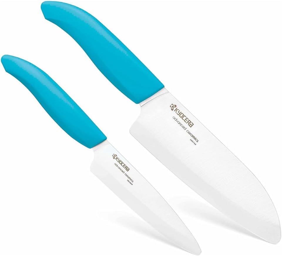 KYOCERA Revolution 2-Piece Ceramic Knife Set: Chef Knife For Your Cooking Needs, 5.5" Santoku and 4.5" Utility Knife, White Blades with Blue Handles, White\/Blue