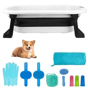 Dog Washing Dog Bathing Kit - Include Collapsible Pet Bathtub with Water Drain Plug,Cleaning Slicker Brush,Dog Shampoo Brush,Grooming Brush,Drying Towel,Tooth Brush and Dog Washing Glovves