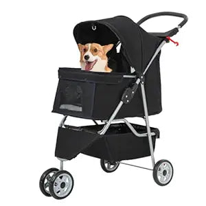 FDW Pet Stroller 3-Wheel Durable Foldable Cat Dog Stroller with Washable Liner Storage Basket Cup Holder,Black