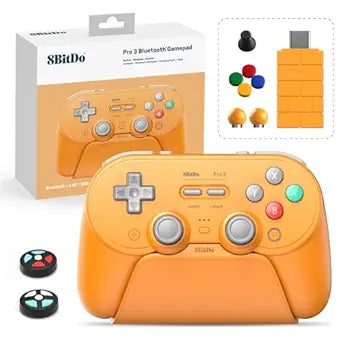 8Bitdo Pro 3 Bluetooth Controller with TMR Joysticks, Swappable ABXY Buttons, Pro Back Buttons, Charging Dock, Hall Effect Triggers for Switch/Switch 2, Windows, Apple, SteamOS, Android (Orange)
