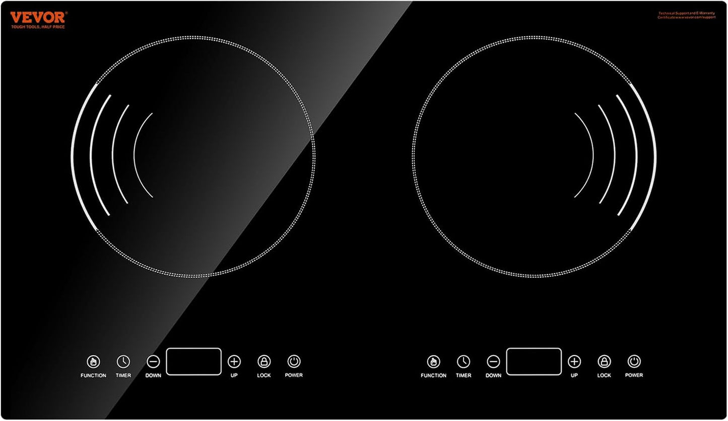 VEVOR Induction Cooktop, 1800W Electric Countertop Burner with 9 Power Settings, 2 Burner Touch Control Stove, Built-in Induction Cooktop, Include 99-Min Timer, Child Safety Lock, Glass Surface