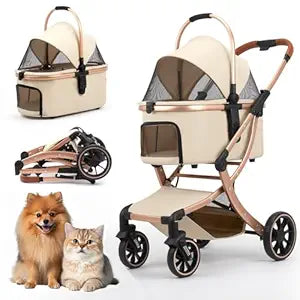 3 in 1 Pet Stroller for Small/Medium Dogs & Cats with Detachable Carrier, Storage Basket and Pet Pad, 4 Wheels Foldable Pet Travel Carrier for Car Seat & Hand Carry, Safe Outings (Khaki)