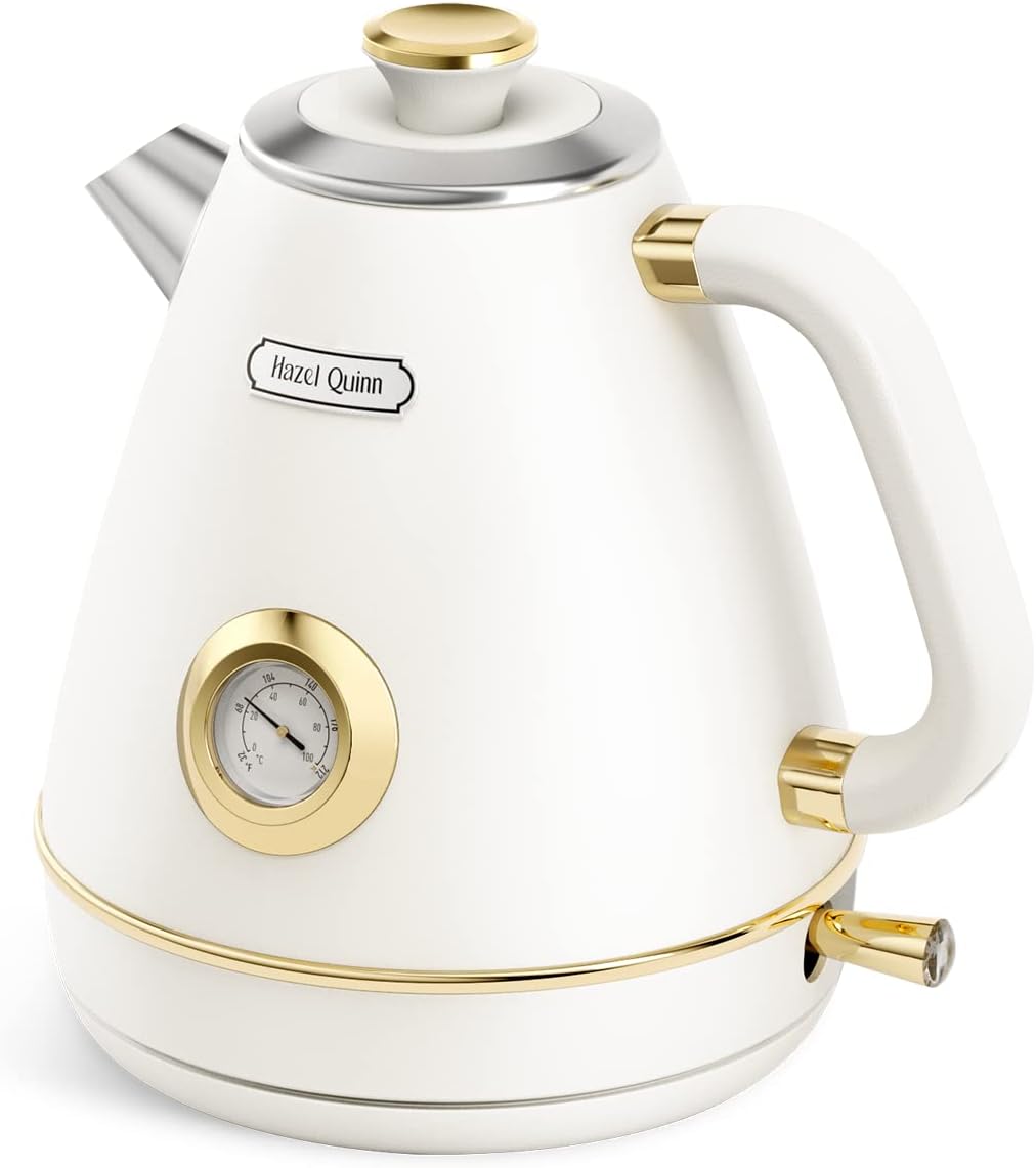 Hazel Quinn Retro Electric Kettle - 1.7 Liters \/ 57.5 Ounces Tea Kettle with Thermometer, All Stainless Steel, 1200 Watts Fast Boiling, BPA-free, Cordless, Automatic Shut Off - Pearl White