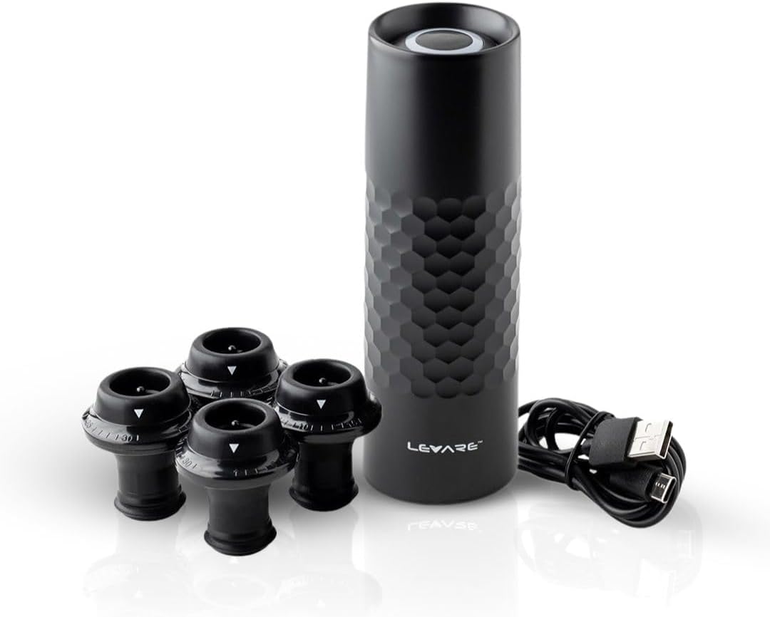 Levare - Rechargeable Wine Saver Vacuum Pump Sealer, Automatic Preserver with USB-C Charger & 4 Universal Bottle Stopper Plugs, Cordless Air Remover to Prolong Freshness, Ideal Gift for Wine Lovers