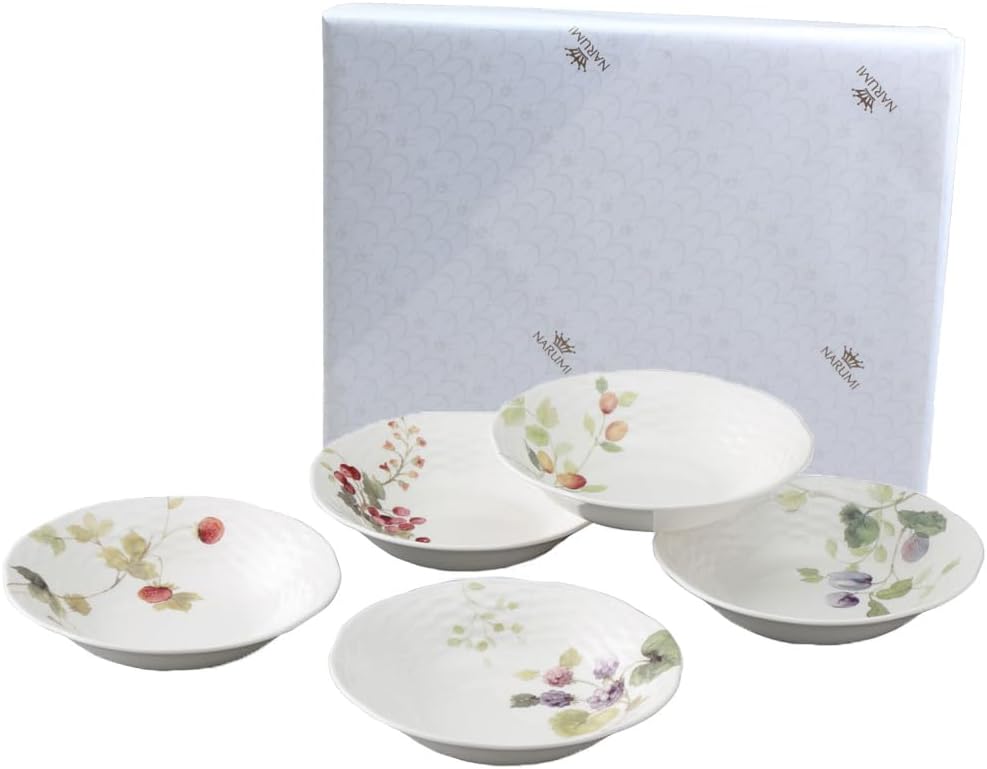 Narumi 96010-23303PAZ Lucy Garden Bowl & Plate Set, 6.3 inches (16 cm), Berry Pattern, Set of 5 Patterns, Cute, Relief, Wedding Gift, Microwave Safe, Dishwasher Safe, Gift Box Included, Wrapped