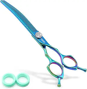Professional Curved Thinning Shears Dog Grooming Scissors 7.5'' Blue Green Curved Thinner Scissors for Grooming Large Dogs Pet 56 Teeth Japan 440C(Curved Thinner,Turquoise)