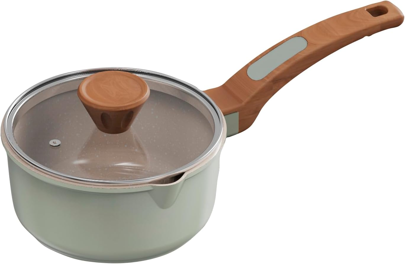 Cooksmart Signature Sauce Pan with Lid 16cm \u2013 Sage Green | Cast Aluminium Ceramic Non-Stick | Induction, Gas, Ceramic & Electric Hob Compatible | Dishwasher Safe | Ergonomic Handle