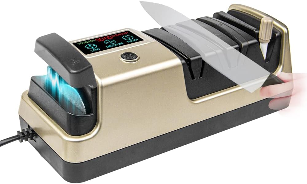 BAUSATZ 3-Stage Professional Electric Knife Sharpener with 100% Diamond Abrasives, 3-Speed Variable LCD Screen for Straight, Serrated, Ceramic Knife, Scissor & Axe