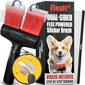 FlexIt Flexible Slicker Brush for Dogs - Professional 3-in-1 System & Video Trainings - Dual-Sided Dematting, Undercoating & Finishing Dog Grooming Brush by Groomers Helper (Double, Soft Flex)
