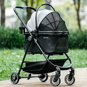Pet Stroller for Small Dogs and Cats, One-Click Foldable Dog Stroller with Detachable Carrier & 3 Safety Tethers, Holds up to 33 lbs, Storage Basket & Cup Holder, Breathable Mesh, Black