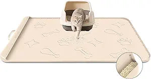 Silicone Cat Litter Mat with Collection Pocket, 42" x 28" Large Cat Litter Box Mat Waterproof Anti-Slip Litter Trapping Mat with Edge and Handle Pet Placemat for Floors (Beige)
