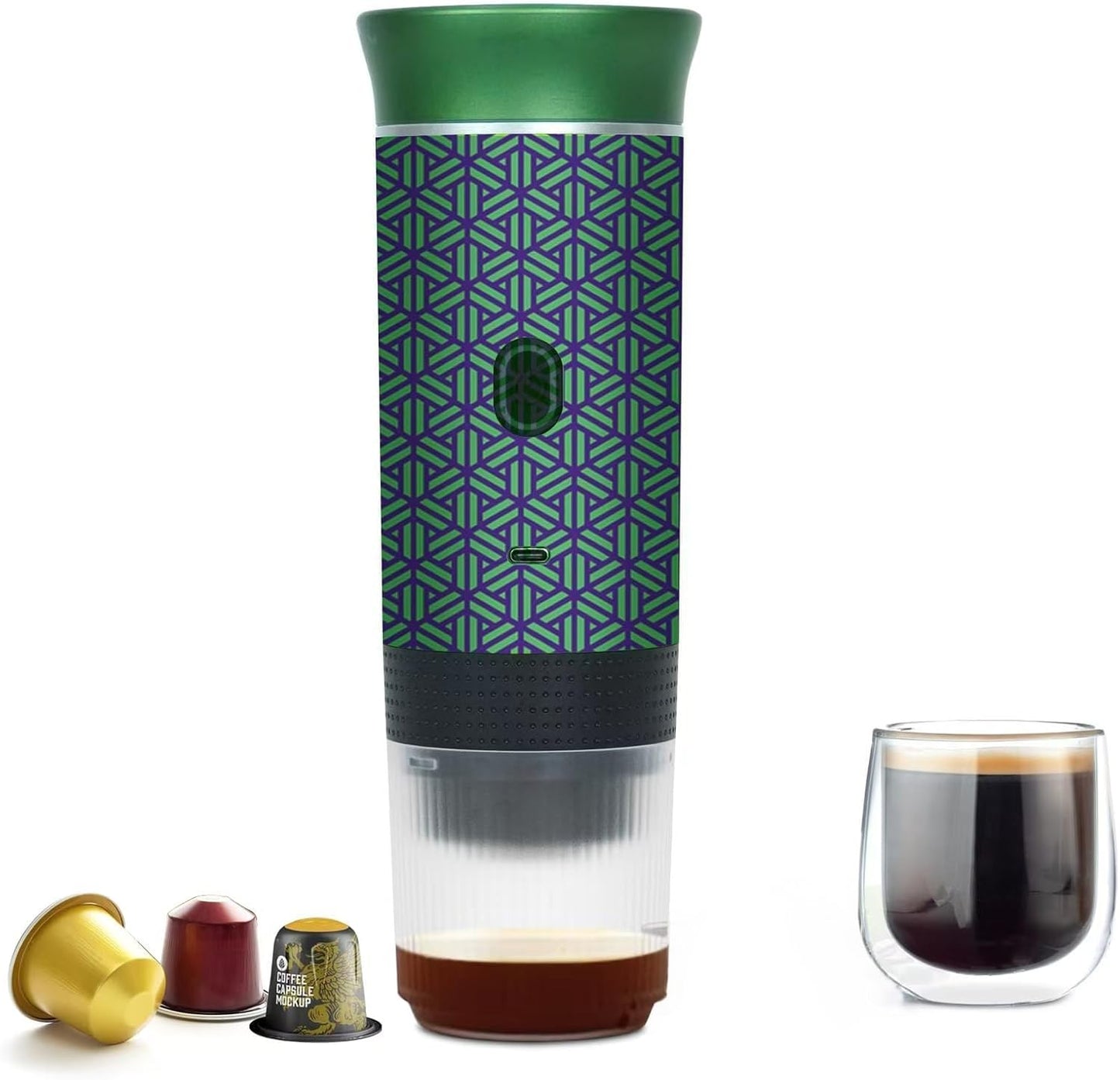 HX HECLX Coffee Maker Gift Set for Camping,Battery Powered Portable Electric Espresso Machine, Rechargeable Coffee Maker Self Heating Ground Coffee Capsule for RV, Hiking (Green mix Black)