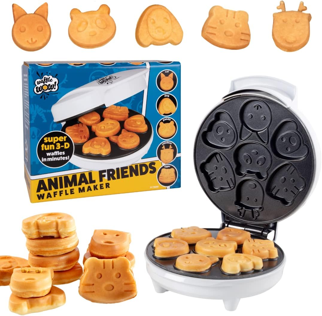 Waffle Wow! Animal Friends Waffle Maker \u2013 7 Cute Animal Shapes, Nonstick Mini Electric Waffler for Kids Breakfast & Parties- Quick Heat Easy Release, Compact Storage, Family Fun, Includes Recipe Guide
