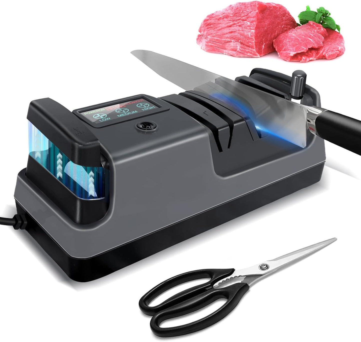 Electric Knife Sharpener, 5 in 1 Multifunctional 3-Speed Variable Professional Knife Sharpener with LCD Screen for Straight, Serrated, Meat Cleaver, Ceramic Knives, Scissors & Axes, Gray