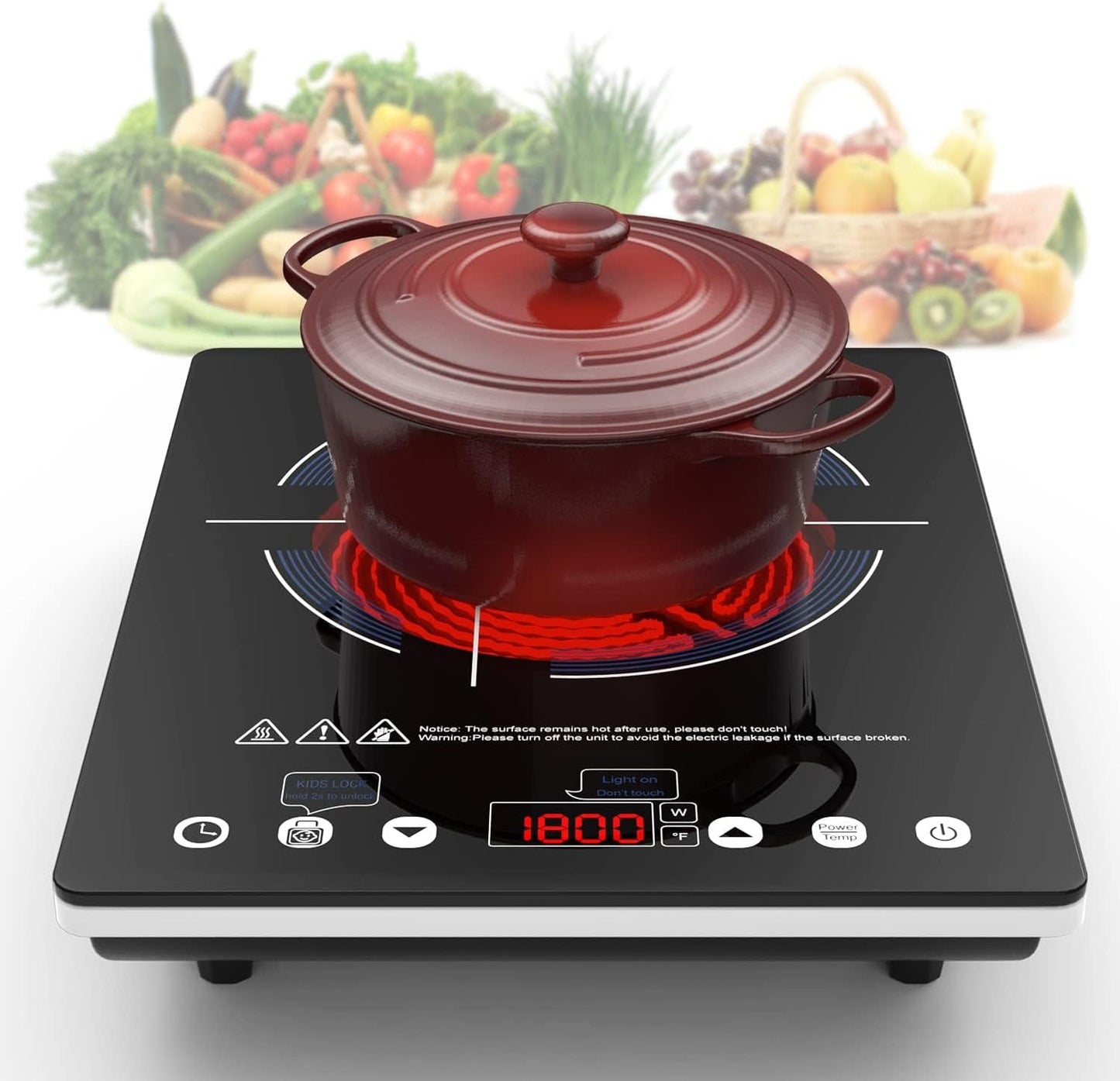 VBGK Electric Cooktop,110V Electric Stove Top,Single Burner LED Touch Control,9 Power Levels, Kids Lock &Timer,Overheat Protection,1800W Portable Induction Cooktop.