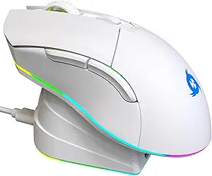 KLIM Blaze Pro Rechargeable Wireless Gaming Mouse with Charging Dock RGB - New Version - High-Precision Sensor and Long-Lasting Battery - Up to 6000 DPI - Great PC Gaming Mouse Wireless - White