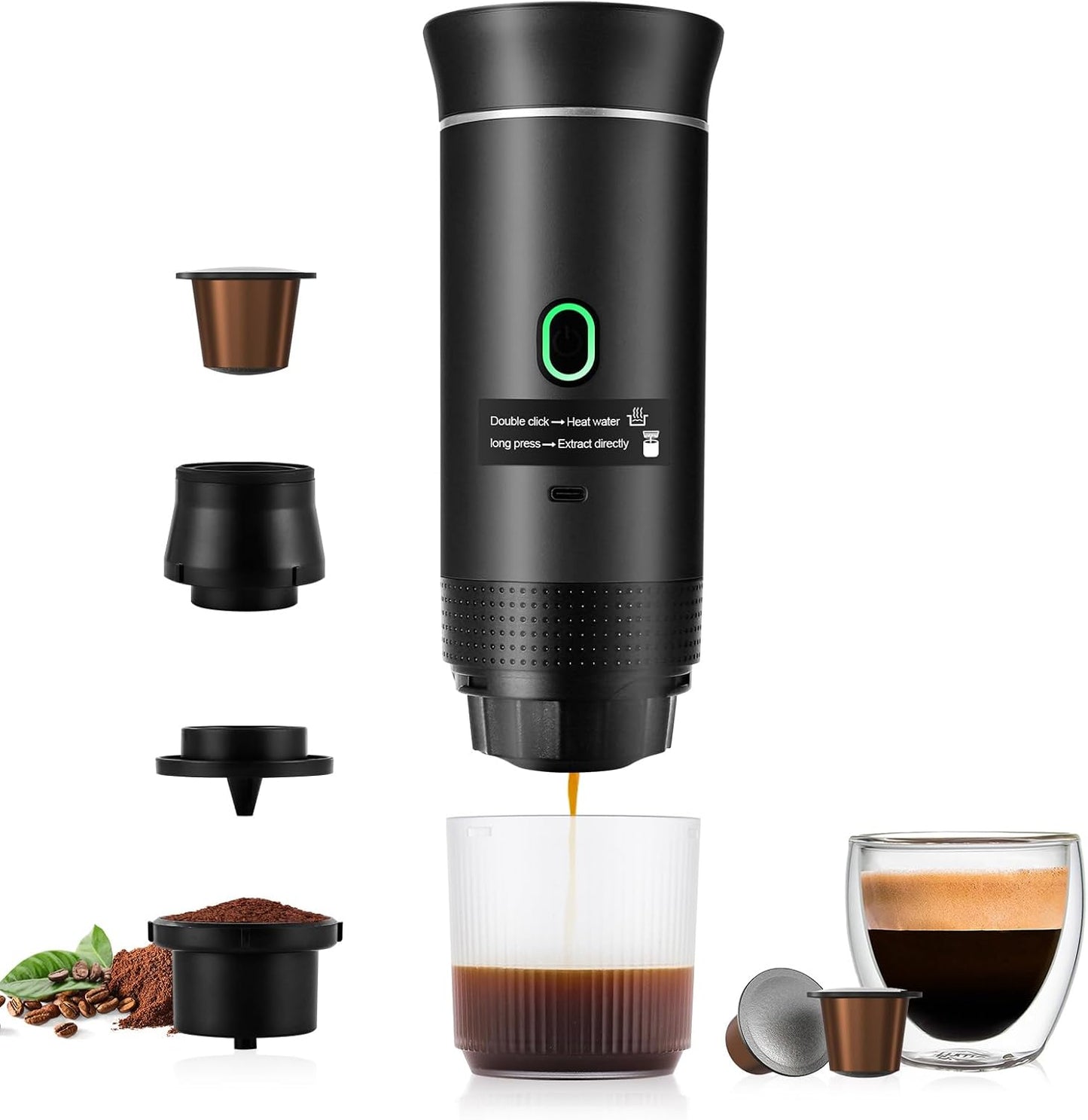obecilc 3 In 1 Portable Coffee Maker for Travel, 20 Bar Portable Espresso Machine with USB,Travel Coffee Maker Self-Heating, Compatible with Ground Coffee & Capsule for Hiking,Office,RV(Upgrade)