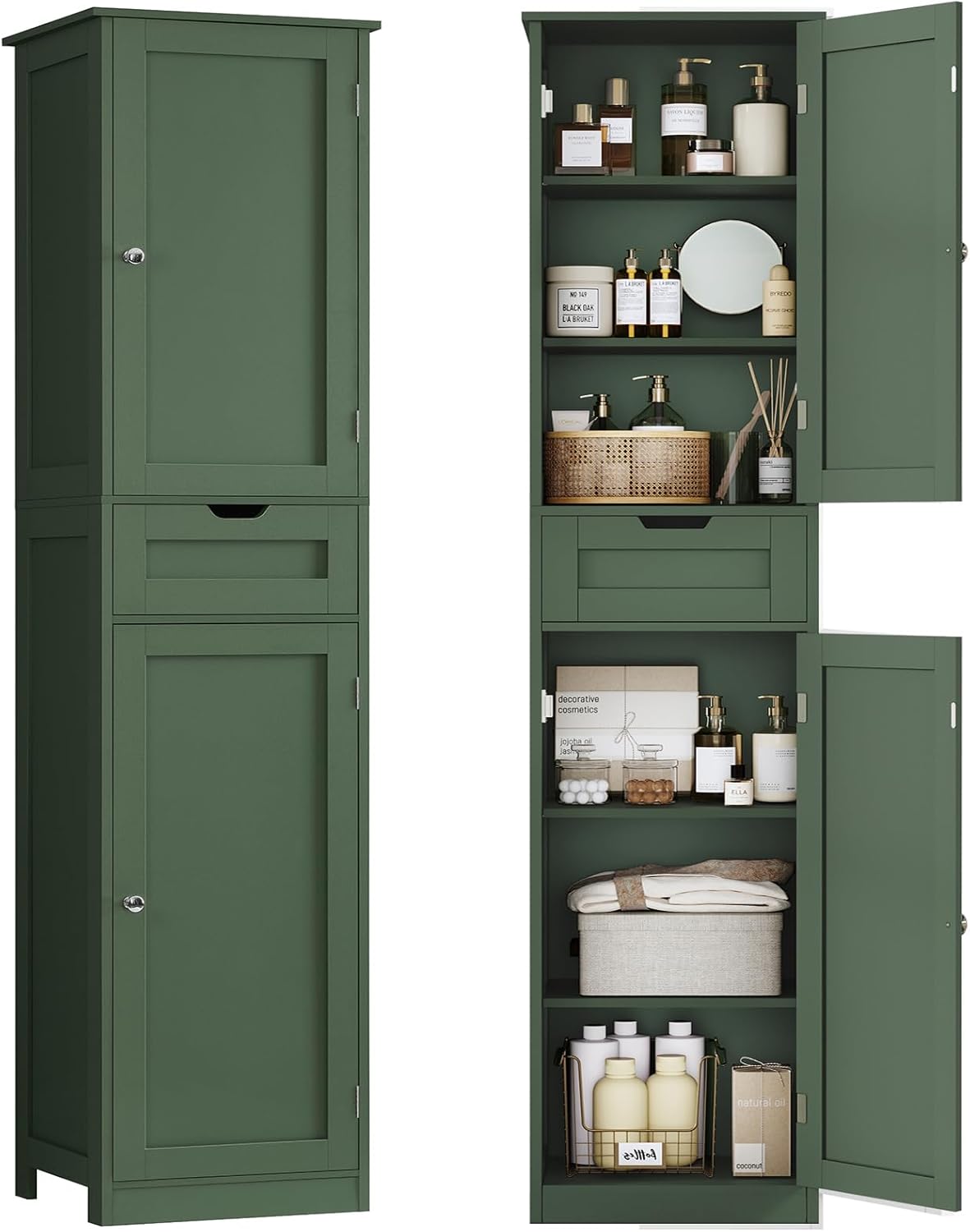TEENFON Tall Bathroom Cabinet with 2 Doors & 1 Drawer, Narrow Bathroom Storage Cabinet with Adjustable Shelves, for Living Room, Entryway, Kitchen, Forest Green