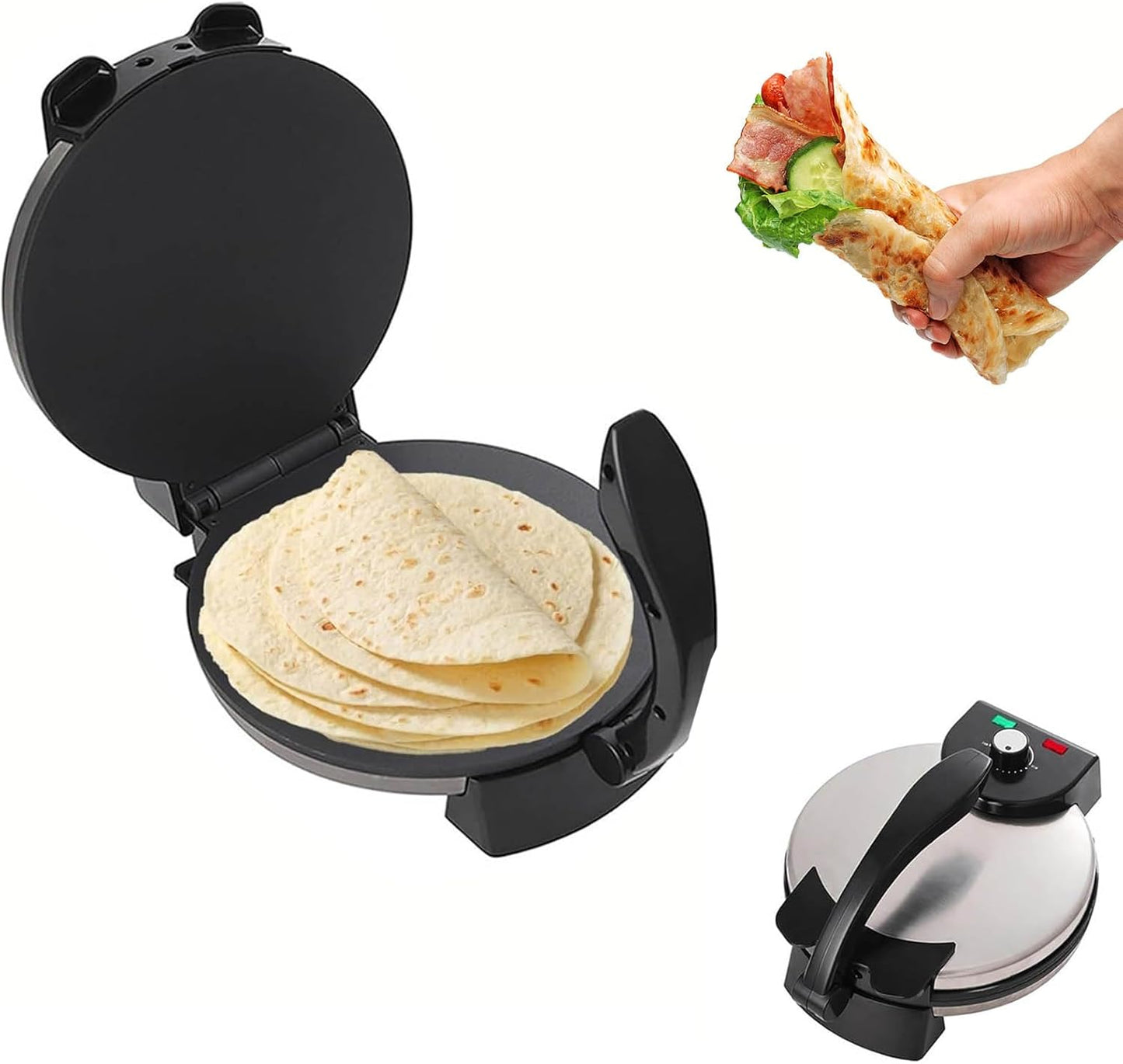 2000W Electric Tortilla Press,10'' Roti Maker Machine with Adjustable Temperature, Non-Stick Plates, Dual Heating, Stainless Steel DesignSilver