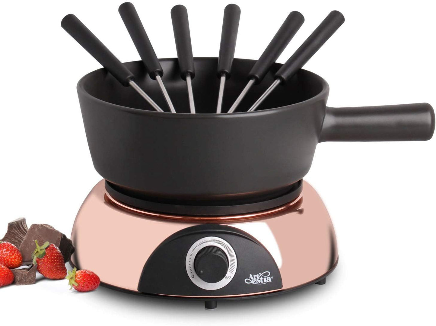 Artestia Swiss Design 2-QT Electric Fondue Pot for Cheese, 1500W Ceramic Chocolate Melting Pot with Adjustable Temperature, 6 Fondue Forks, White Ceramic Pot with Rose-Gold Base (Black)