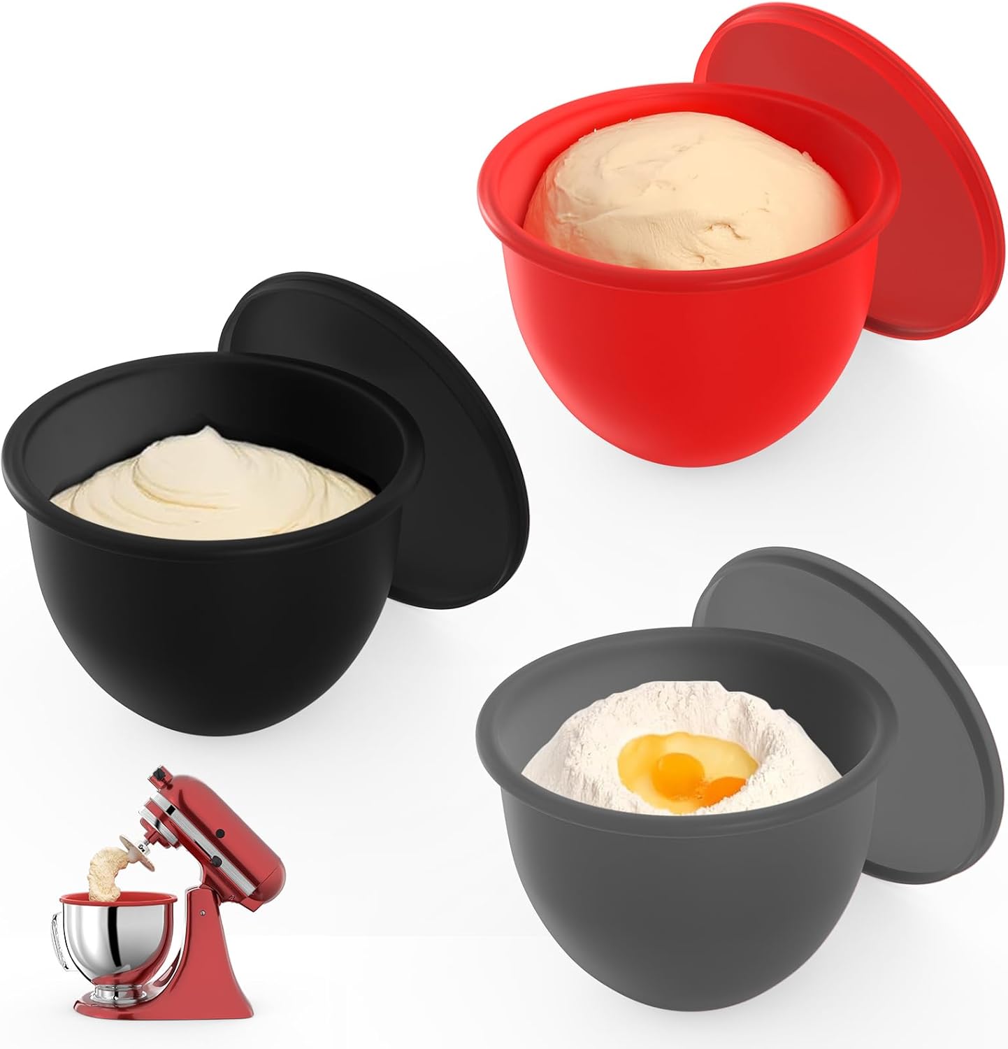 Silicone Liners for KitchenAid Tilt-Head 5QT Stand Mixers, Mixing Bowl Liner Replacement for Kitchen Aid 4.5-5 QT Mixer Attachments & Accessories, 3-Pack Liners with 3 Lids, Dishwasher Safe