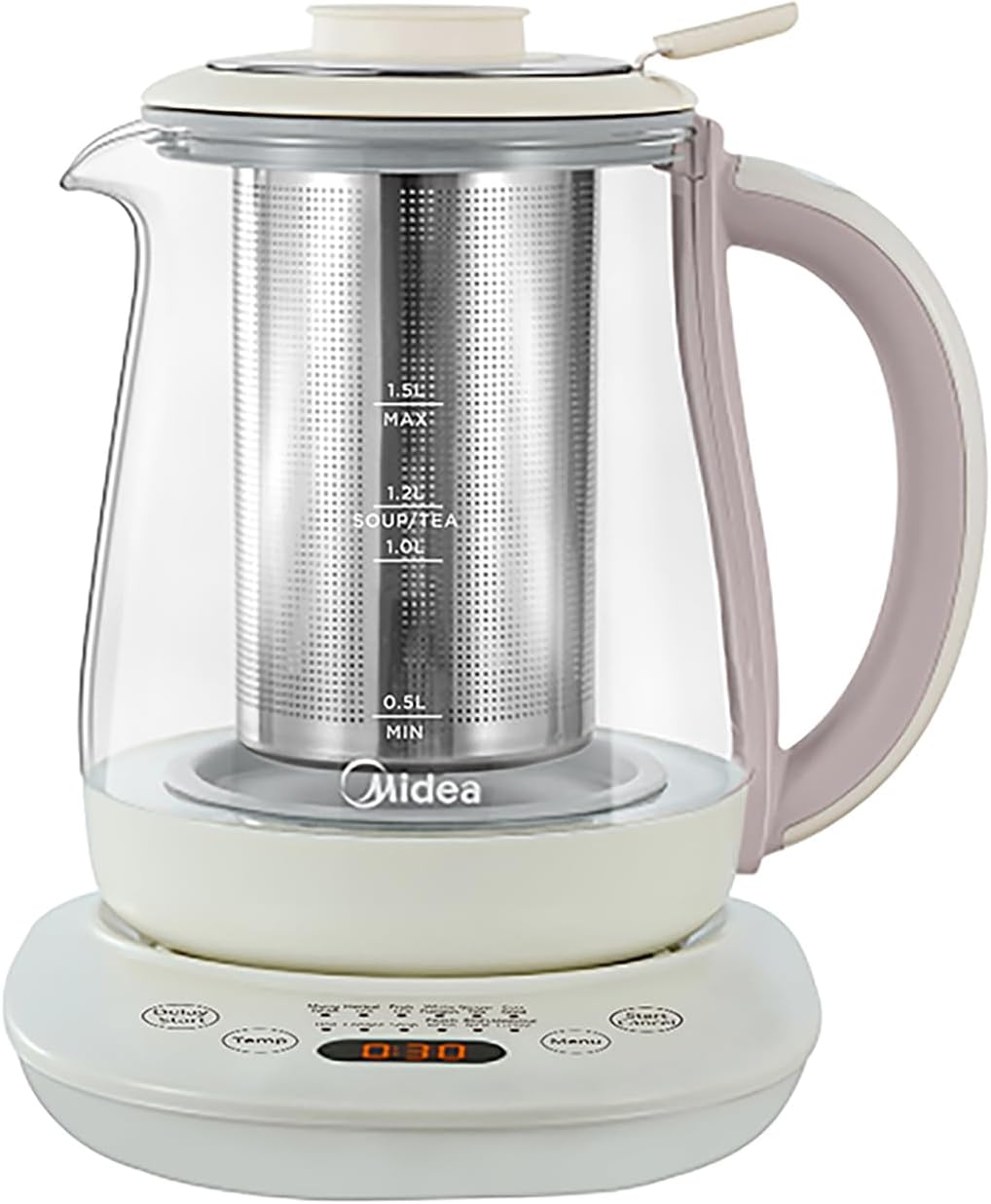 Midea MKH15180CGA Electric Kettle, 1.5L Health Pot with Large Tea Basket, Stainless Steel & Glass Kettle, 12 Programs, 800W, Light Apricot