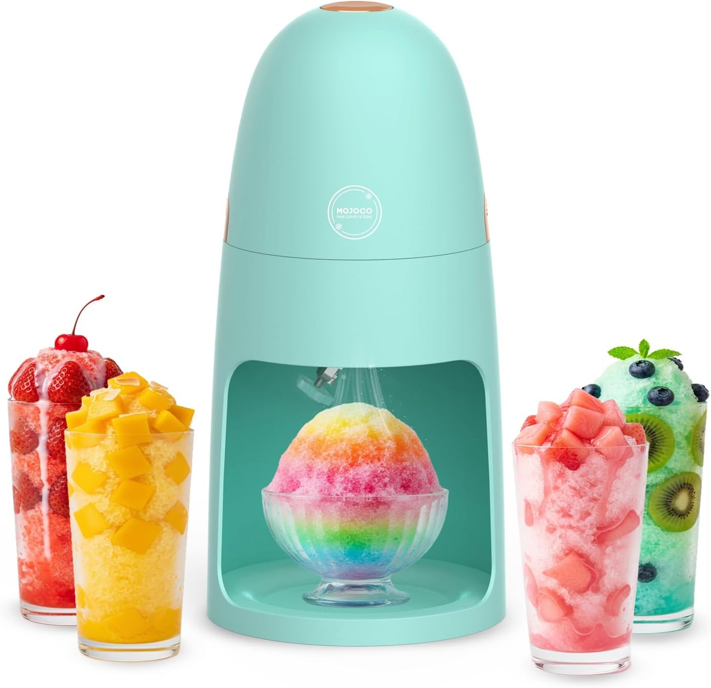 Mojoco Shaved Ice Machine - Electric Ice Shaver Machine with Adjustable Blades for Fine & Coarse Ice - One-Press Operation Lightweight Snow Cone Maker for Slushies, Bingsu, Frozen Desserts