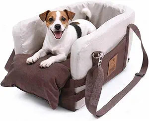 JZXOIVA Console Dog Car Seat & Travel Bed for Small/Medium Dogs, Booster Dog Car Seat with Safety Tether, Non-Slip Base, Washable Cover, Front or Back Seat Pet Carrier Bed, Brown