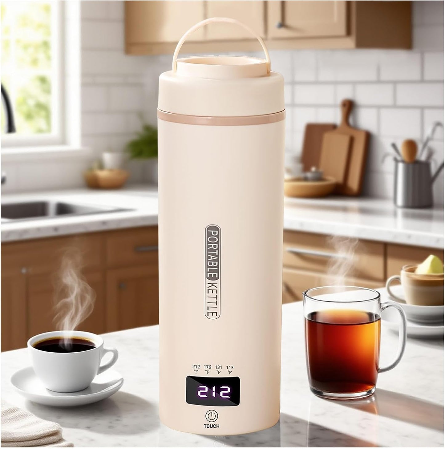 Portable Travel Electric Kettle with Plug-in Boiling & Keeps Warm via USB, 6 Temperature Settings, 304 Stainless Steel with Auto Shut-off 16oz(Beige)