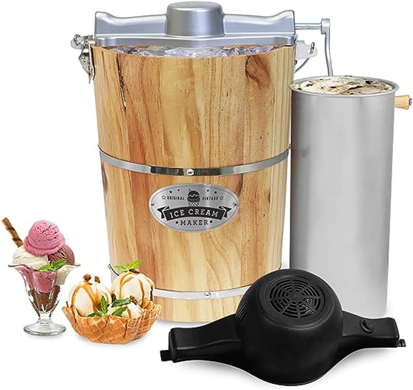 Elite Gourmet Old Fashioned 6 Quart Vintage Appalachian Wood Bucket Electric Ice Cream Maker Machine, *Bonus Classic Die-Cast Hand Crank for Churning, Uses Ice and Rock Salt Churns Ice Cream in Minute