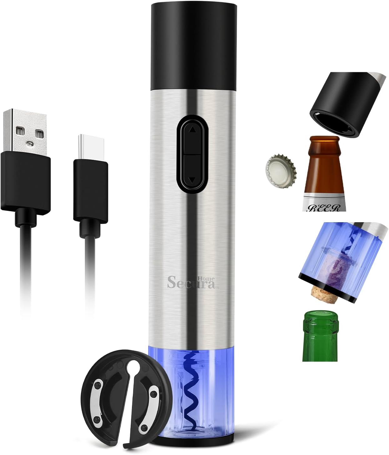 Electric Wine Bottle Opener and Beer Opener 2-in-1, Rechargeable Automatic Corkscrew with Foil Cutter, One-click Wine Opener Electric for Home Kitchen Party Wedding