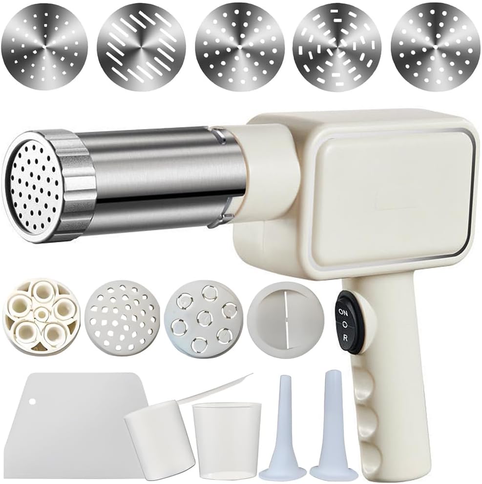 QCQDL Electric Pasta Maker, Handheld Pasta Maker Machine, All-In-One Cordless Noodle Machine, with Shaping Molds And Cutter,White