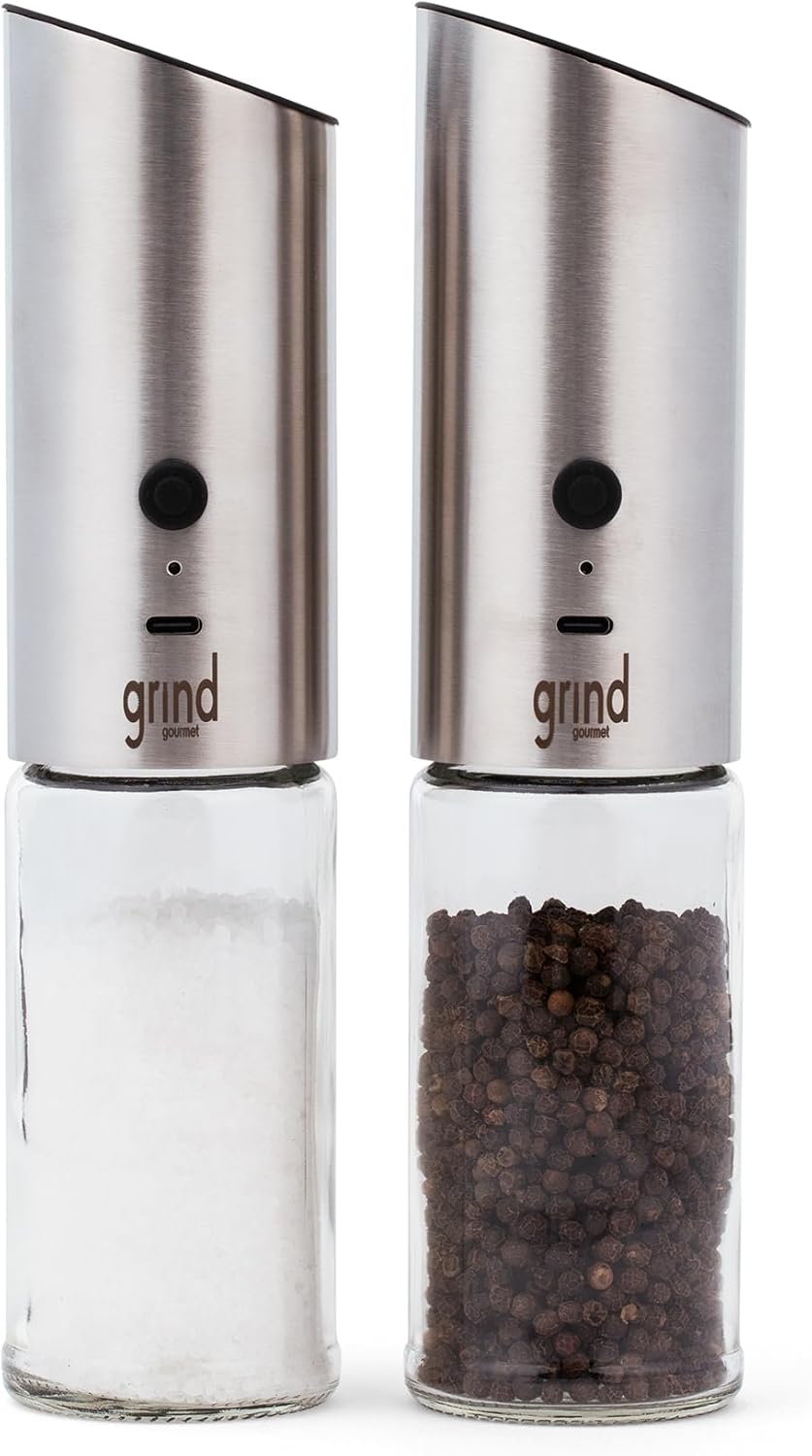 Grind Gourmet Electric Salt and Pepper Grinder Set, Automatic Battery Operated Pepper Mill & Salt Grinder, Adjustable Coarseness, LED Light, Kitchen Accessories & Home Appliances for Cooking