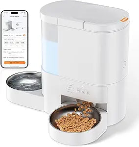 Automatic Cat Feeder and Water, 5G WiFi App Control Cat Food Dispenser, 4L Timed Pet Feeder and 3L Gravity Waterer, Voice Recording, Up to 10 Meal Daily with Dual Stainless Steel Bowl for Kitten,Puppy