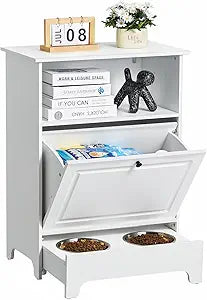 VEVOR Pet Feeding Station with 2 Elevated Dog Bowls, Raised Dog Bowls Stand with Storage, Food Cabinet with Hidden Pull-Out Bowl, Feeder Station, Pet Toy Storage Organizer for Dogs Cats, White