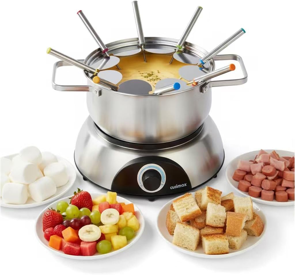 CUSIMAX 1500W Electric Fondue Pot Set, Fondue Pot for Chocolate, Cheese, Broth, Oil, Luminous Control Dial, Fondue Set with 8 Colour Coded Stainless Steel Forks, 1.4-Quart - Stainless Steel