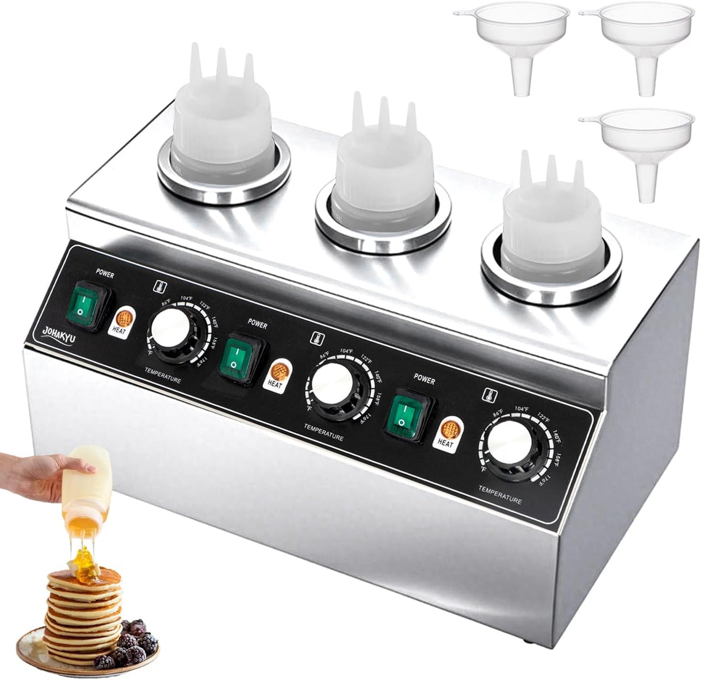 JOHAKYU Commercial Electric Sauce Warmer Dispenser \u2013 Stainless Steel Countertop Hot Fudge\/Nacho Cheese Warmer with 3×650ml Squeeze Bottles and 3 Funnels