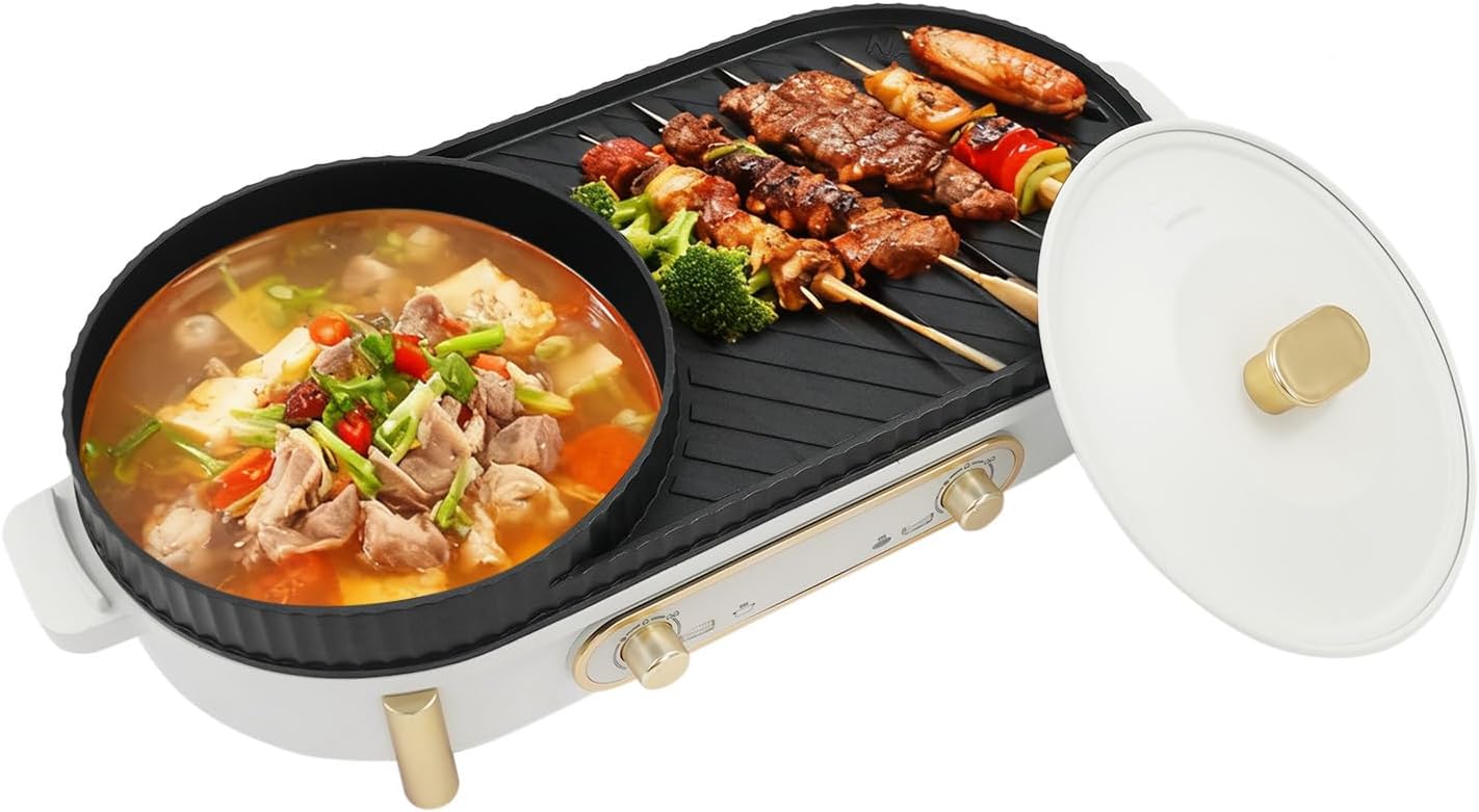 2-in-1 Hot Pot with Grill,1700W Electric BBQ Pan Grill and Hot Pot with Lid, Oval Shabu Shabu Pot with Grill Plate, 110V Tabletop Mandarin Duck Pot with Temperature Independent Control for 3-8 Person
