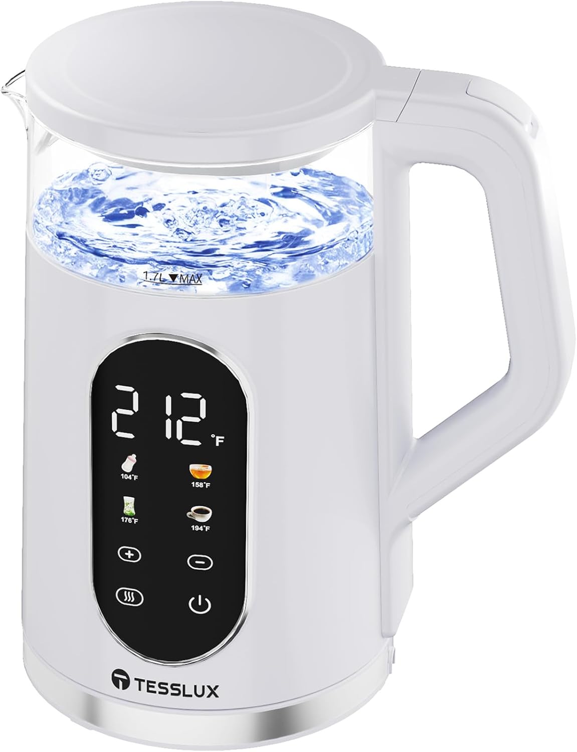 Electric Kettle, 1500W Fast Boiling Glass Water Kettle with Temperature Control, 1.7L Cordless Stainless Steel Base, Keep Warm & Auto Shut-Off, BPA-Free, White