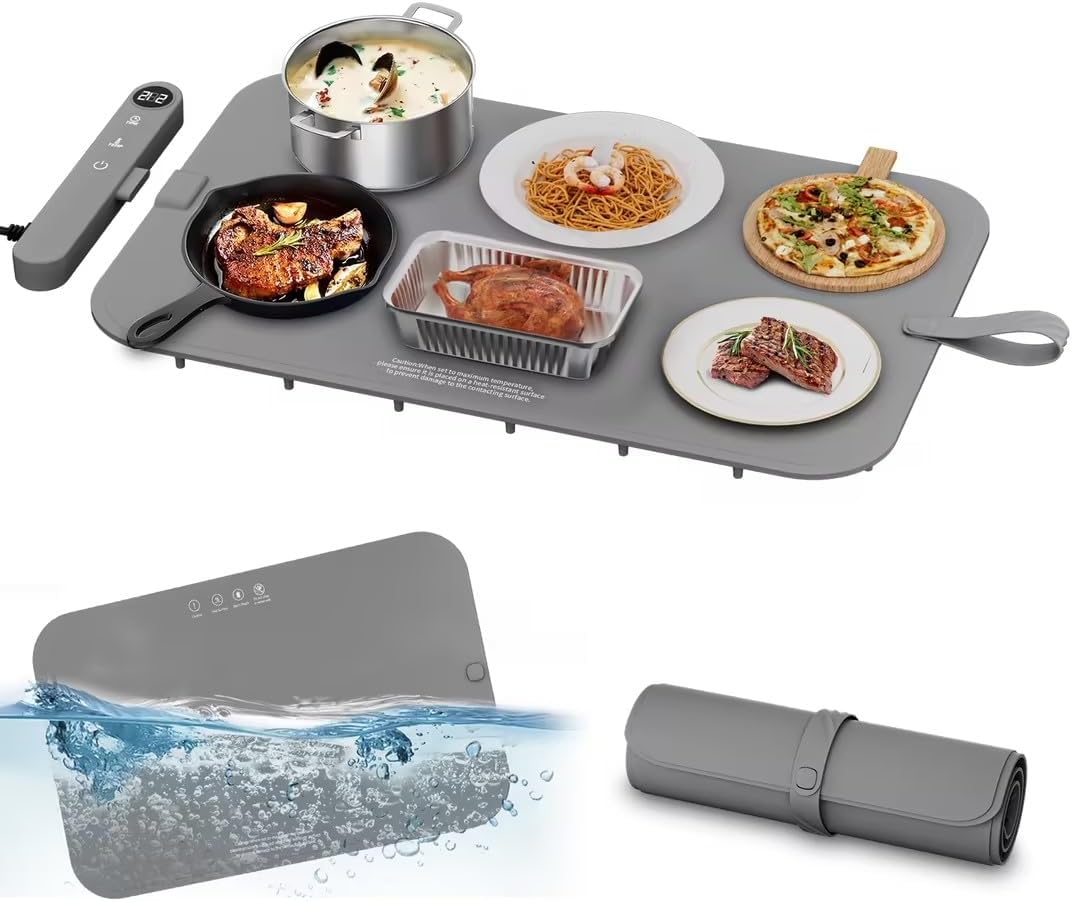 Newise Upgrade Graphene Warming Mat for Food - Full Surface Heating, Waterproof Electric Warming Tray with 6 Temp Modes & 6H Timer for Parties Countertop, Gifts for Mom (Gray)
