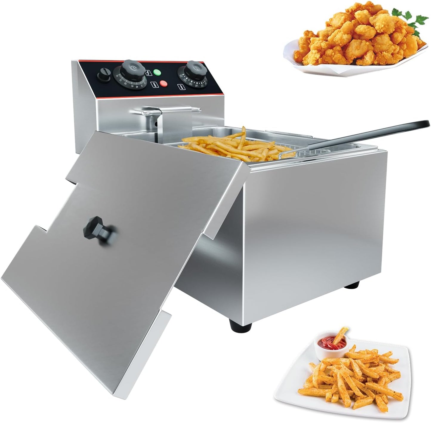6 L(6.5QT) Commercial Electric Deep Fryer with 1 Baskets, 1500W Stainless Steel Deep Fryer for Home Use, Adjustable Temperature, Perfect for Kitchen