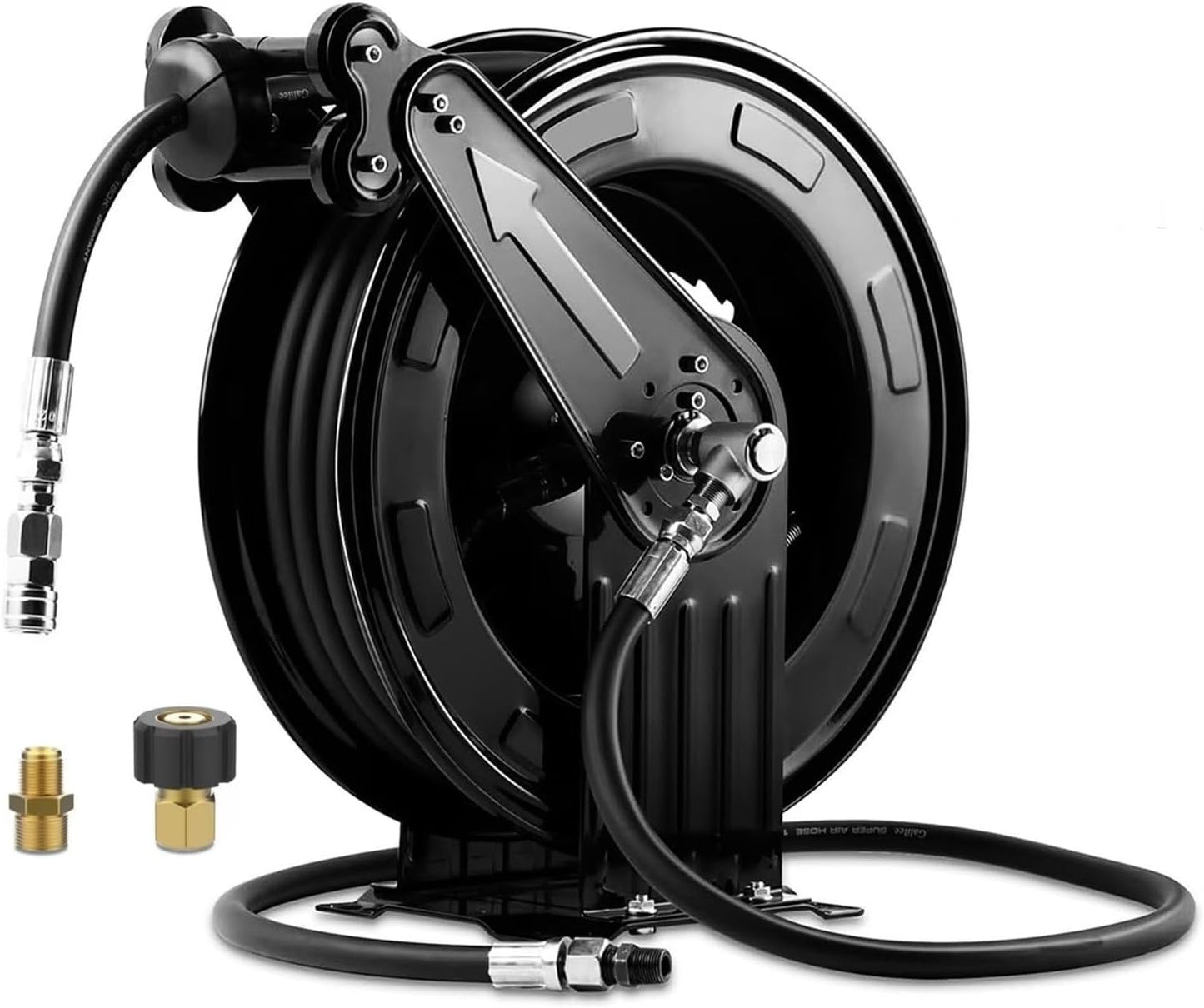 Double Arm 50FT x 3/8" Retractable Pressure Washer Hose Reel, Heavy Duty Steel Professional Power Wash Hose Reel with 5 ft Lead for Air/Oil/Water, 4000 PSI