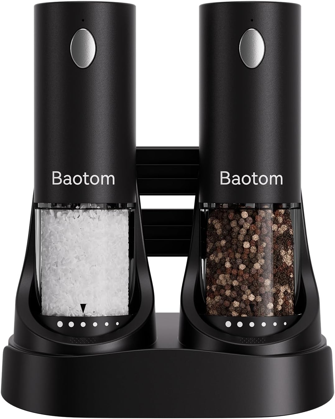 Baotom Electric Salt and Pepper Grinder Set with Dual Charging Base, 6 Adjustable Coarseness Levels & External Grind Settings, One-handed Operation Salt and Pepper Mills with LED Light,Black