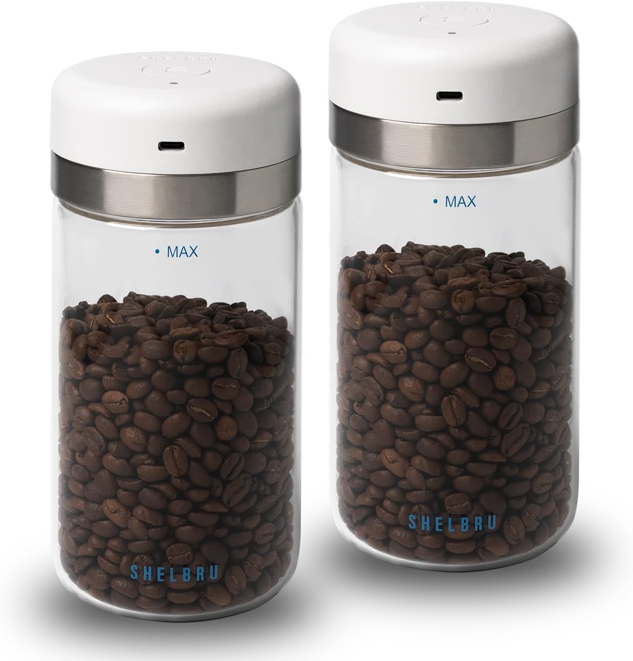 SHELBRU Smart Coffee Container & Food Storage w\/Electric Vacuum Seal, Airtight Coffee Canister for Whole & Ground Bean Storage, Durable Borosilicate Glass Jar, Charging Cable Included, 10.5oz \/ 250g