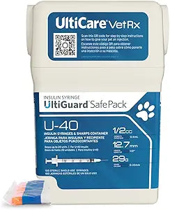 UltiCare VetRx U-40 UltiGuard Safe Pack Pet Insulin Syringes 1/2cc, 29G x 1/2", 100 ct