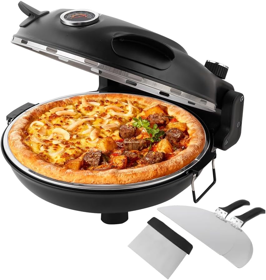 Anbt 12 Inch Electric Pizza Oven Indoor Portable, Stone Baked Pizza Maker Heats up to 800˚F, Pizza Maker Machine Temperatures control (Black)