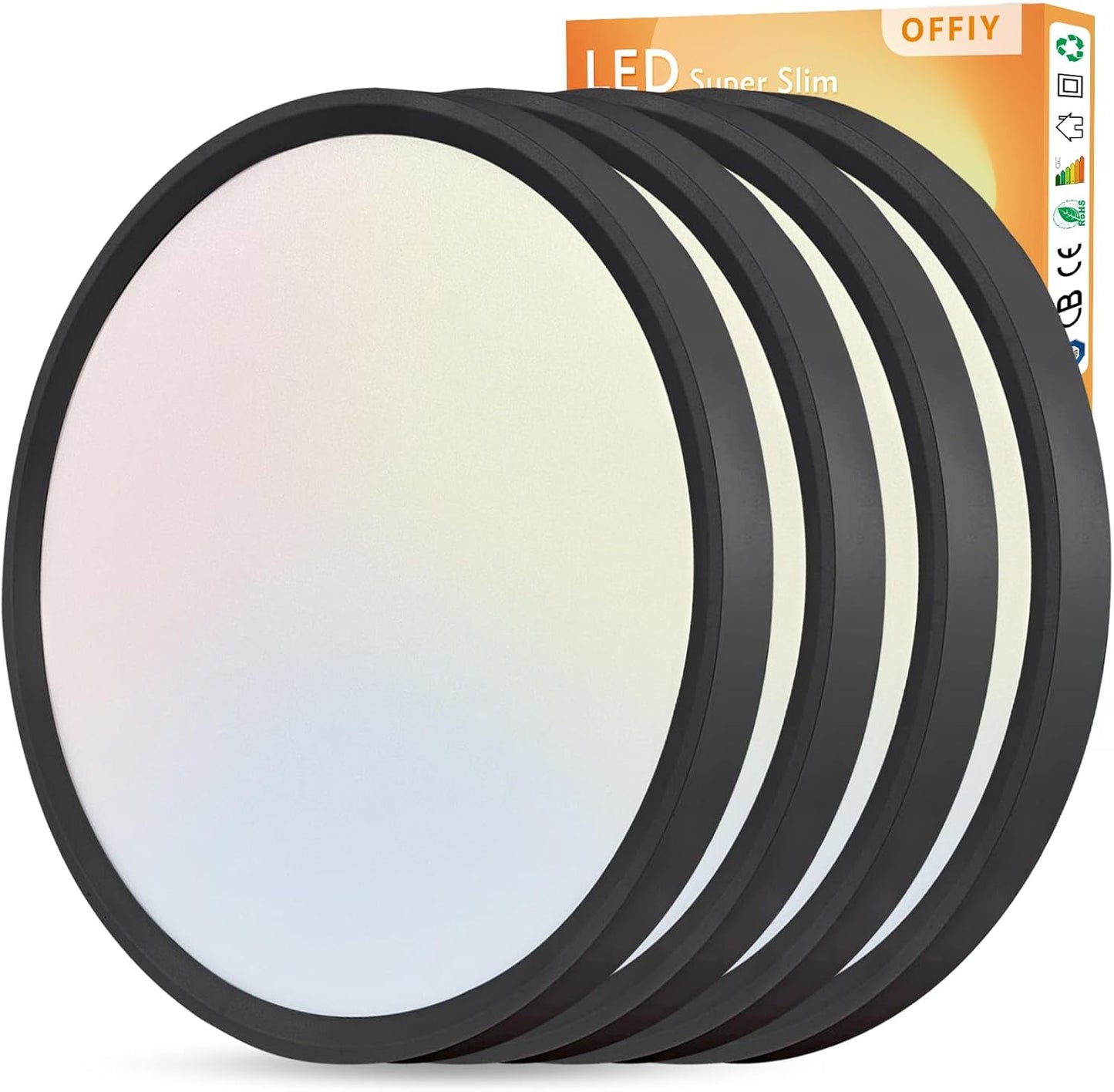 OFFIY 4PK 15.8 Inch Led Ceiling Light Flush Mount, 32W, 3480LM, 3000K\/4000K\/6000K CCT Selectable Super Slim Ceiling Light, Close to Ceiling Round Flat Panel Fixture for Hallway, Bedroom,Kitchen, Black